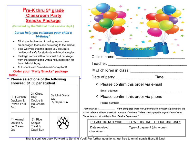 Birthday Party Snack Order Form PK-5