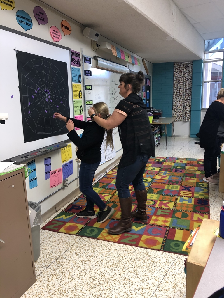 Student playing pin the spider on the web